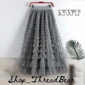 Tiered Tulle Gray Maxi Skirt | Ruffly NWT Grey Festival Long Tutu | Large · XL